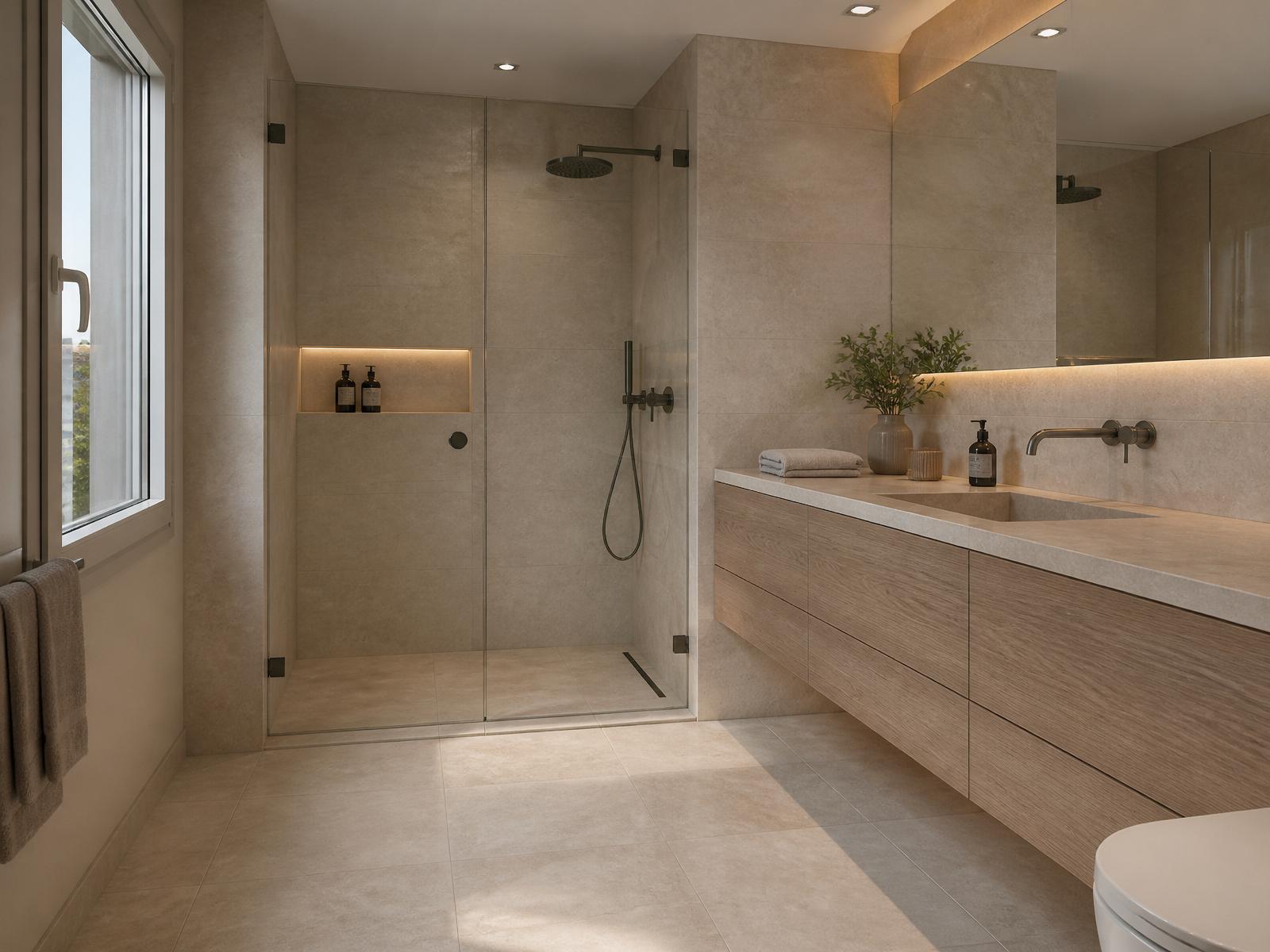 Dopo — Bagno moderno ristrutturato con doccia walk-in, piastrelle grande formato e mobile in rovere
