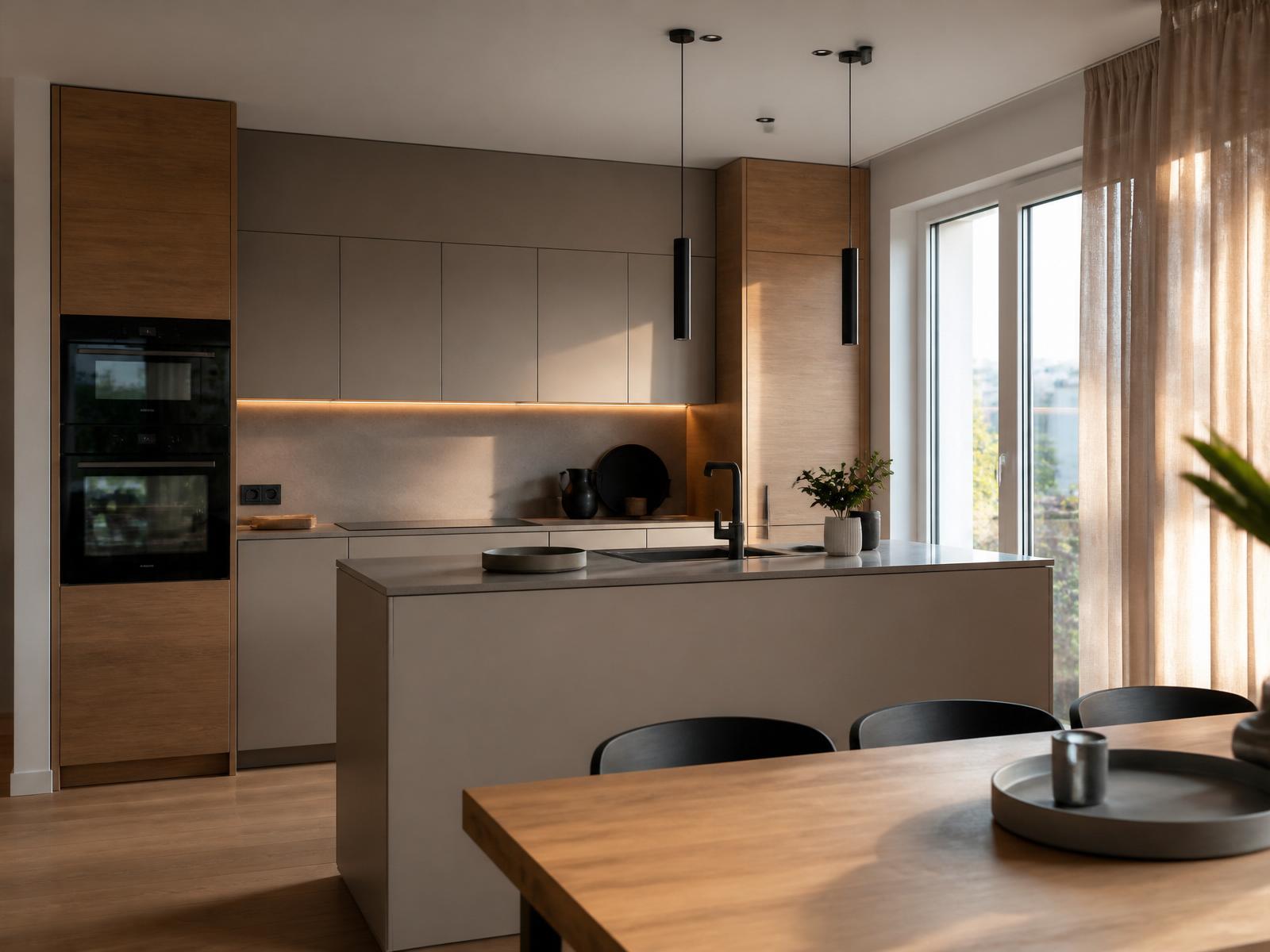 Dopo — Cucina contemporanea handleless in rovere con top in pietra e isola centrale