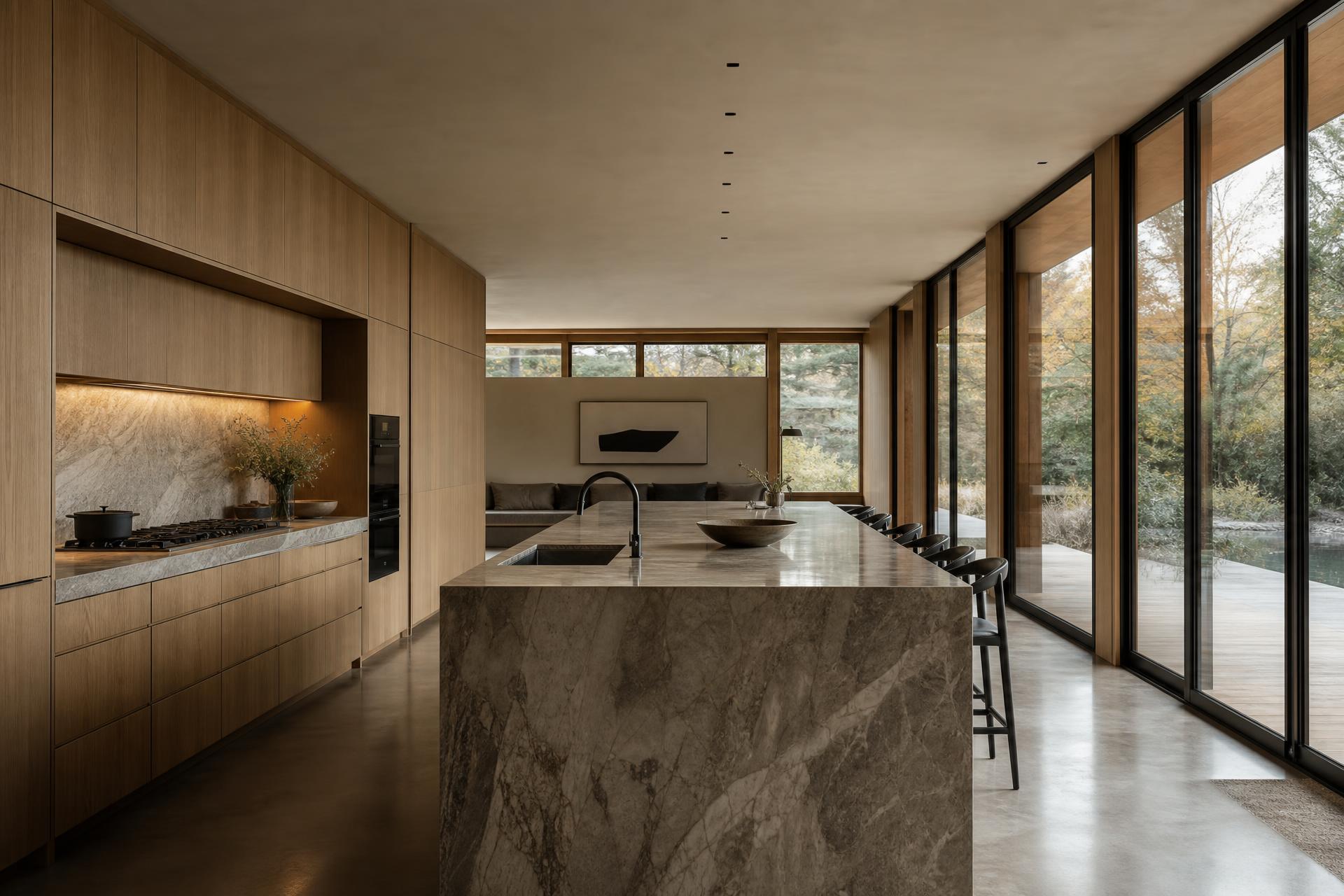 Cucina contemporanea con isola in pietra naturale e rovere