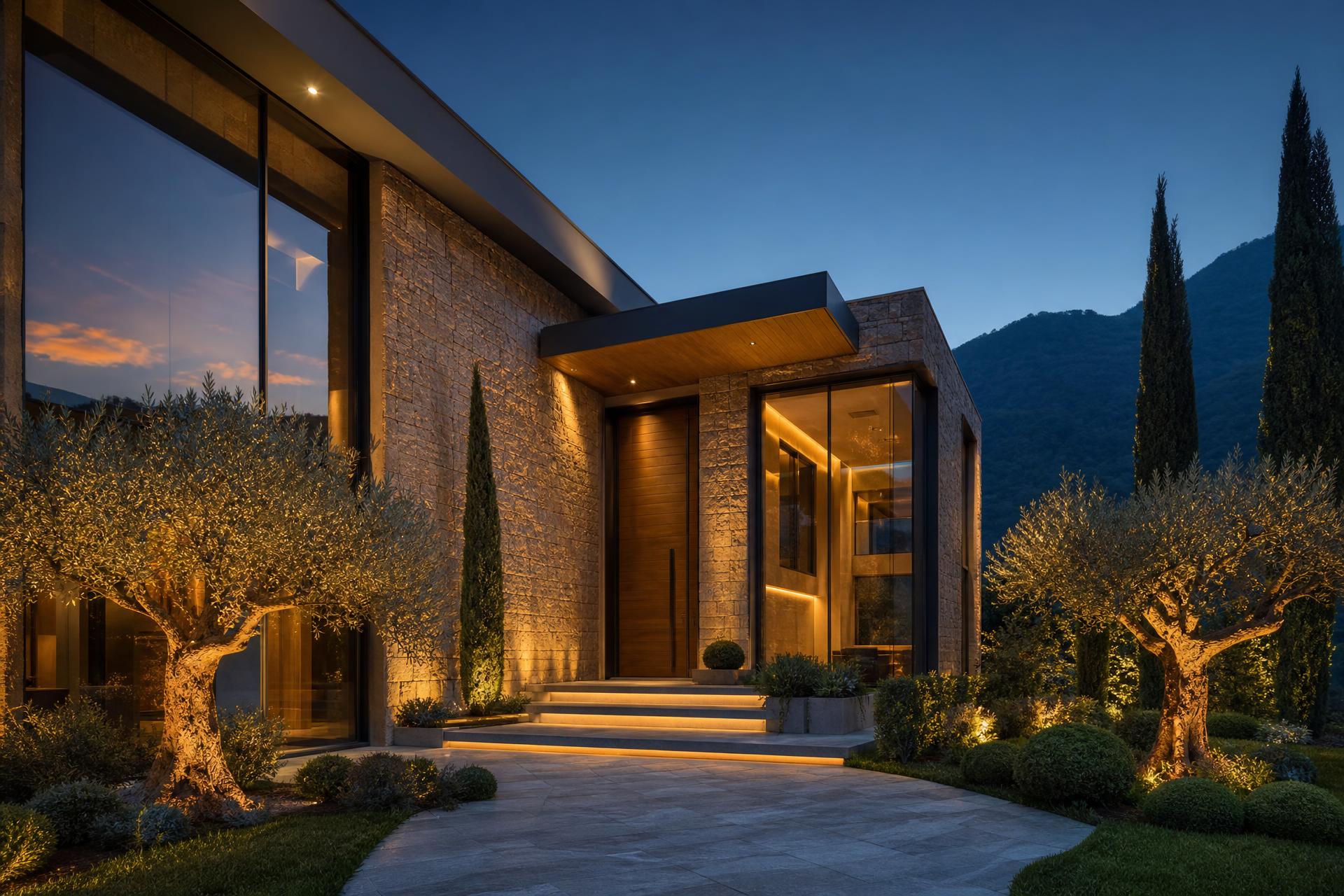 Villa contemporanea in Ticino con facciata in pietra e grandi vetrate